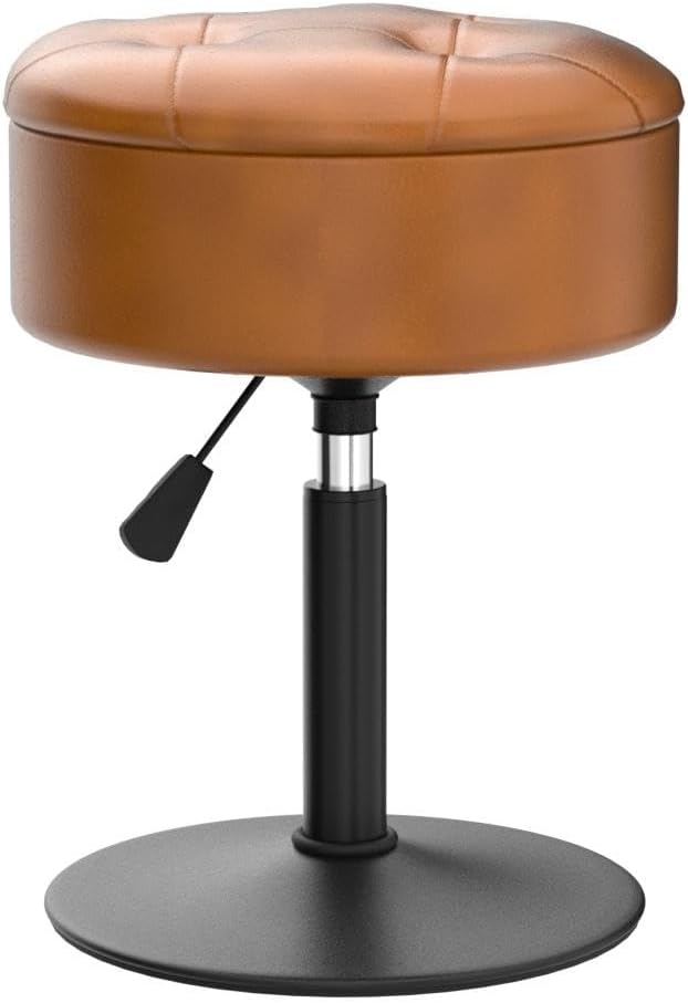 LUE BONA 360°Swivel Vanity Stool Chair for Makeup Room, Height Adjustable Stool for Vanity with Storage, Small Whiskey Brown Faux Leather for Bathroom, Living Room