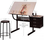 White Adjustable Drafting Table with Stool & 3 Drawers, Tilting Art Desk for Drawing & Crafting, Multi-Functional Study & Office Desk