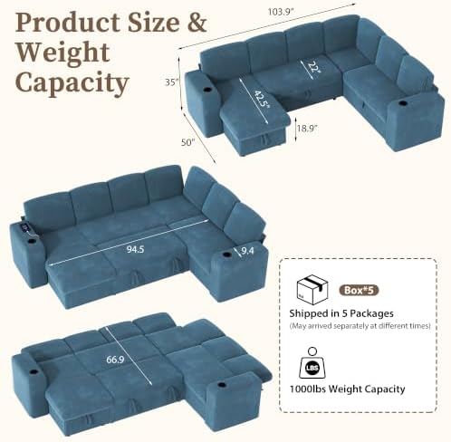 wanan Sectional Sleeper Sofa with Pull Out Couch Bed, 7 Seats Modular U Shaped Cloud Couch with Storage Chaise, Dual Arm Storage & USB Charging, Adjustable Backrest Sofa,Blue Corduroy