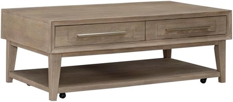 Pemberly Row 3-Piece Living Room Table Set, Sandstone Wood Finish, Includes Rectangular Cocktail Table with Casters and 2 End Tables, Open Bottom Shelves, Brushed Nickel Hardware, Contemporary Home