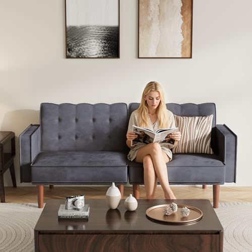 Furnify 71" Velvet Futon Sofa Bed, Versatile Loveseat Couch, Sleeper Sofa with Adjustable Backrest, Mid Century Modern Futon Couch for Small Space, Living Room, Office & Apartment, Velvet Fabric Grey