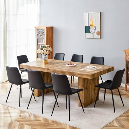 gopop 79" Modern Wood Dining Table Set for 8 with Faux Leather Chairs, Solid Farmhouse Dining Set, Sturdy Modern Rectangular Table for Kitchen, Dining Room or Living Space