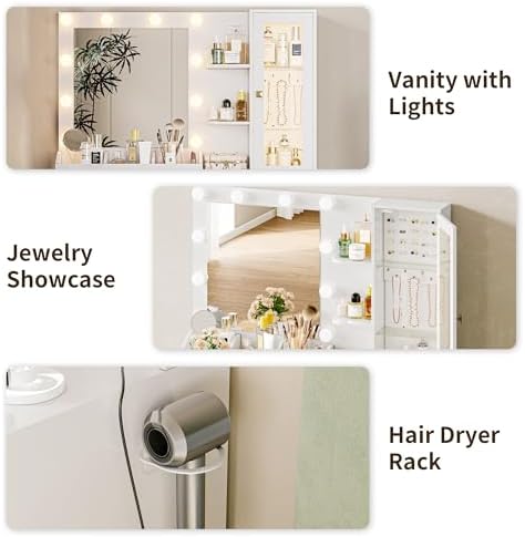 HUANLEGO Vanity Desk with Mirror and Lights, White Makeup Vanity Mirror with Lights Desk with 5 Drawers, Jewelry Organizer& LED Glass Cabinet, 3 Light Mode Dressing Table Set for Girls, Women