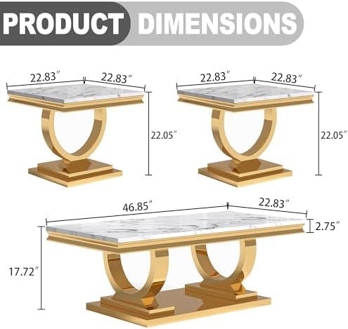 Marble Coffee Table Set of 3, Includes 1 Coffee Table with 2 Square End Side Tables, Luxury 3 Piece Living Room Table Set with White Faux Marble Tabletop & Gold Stainless Steel Base