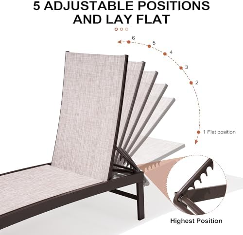 Crestlive Products Lounge Chair Outdoor Set of 2, Metal Pool Chaise Lounge Chairs, Adjustable Five-Position Tanning Recliner, All Weather for Patio, Beach, Yard, Pool (Beige)