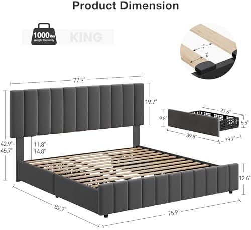 Garvee King Size Bed Frame, Linen Bedframe with 4 Storage Drawers, Grey