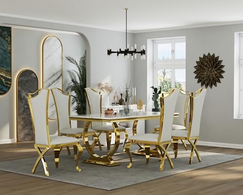 ACEDÉCOR 7 Piece Dining Table Set, Luxury White and Gold Kitchen and Dining Room Set for 6, Metal Circling Base Dining Table Set with White Leather Upholstered Dining Chairs