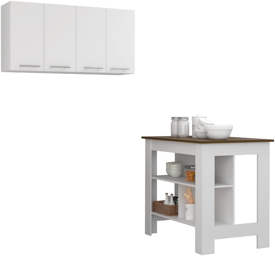Burlingame Kitchen Island and Wall Cabinet Set - White & Walnut MDF