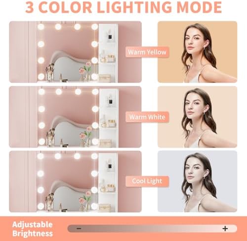 Makeup Vanity Desk with Mirror and Lights, 26.4”Small Vanity Mirror with Lights with Large Drawer and 6 Level Storage, White Vanity with Large Led Mirror with 3 Color Lighting Modes (White)