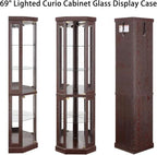 69" H Lighted Corner Curio Cabinet, 5-Tier Curio Glass Display Cabinet with Door & Adjustable Glass Shelves, Wooden Display Showcase Corner Storage Cabinet for Living Room (Dark Cherry)