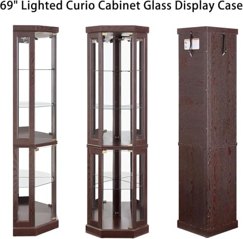 69" H Lighted Corner Curio Cabinet, 5-Tier Curio Glass Display Cabinet with Door & Adjustable Glass Shelves, Wooden Display Showcase Corner Storage Cabinet for Living Room (Dark Cherry)