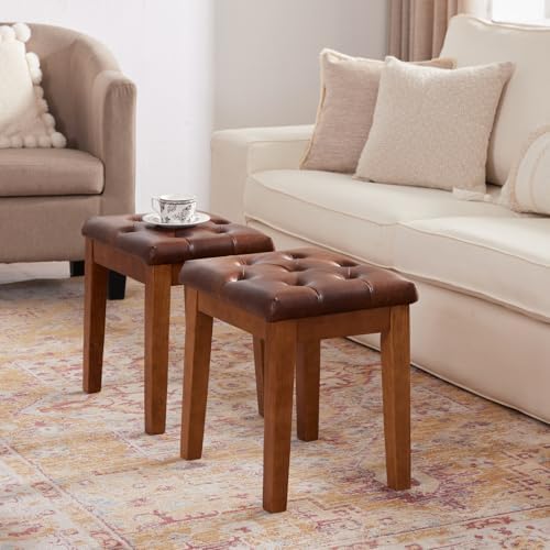 Ottoman Vanity Wooden Stool with Padded Seat, Faux Leather Brown | Square Wood Accent Dining Makeup Piano Stool with Button-Tufted Padded Upholstered Seat & Wood Legs for Living Room Bathroom