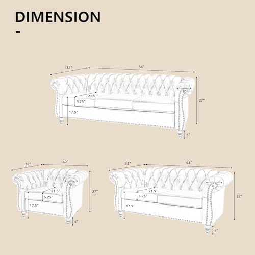 AVZEAR 84" Chesterfield Sofa 3-Seater, Classic Roll Arm PU Leather Couch with Button Tufted Back, Stain Resistant Upholstered Settee Large Sofa for Living Room, Black