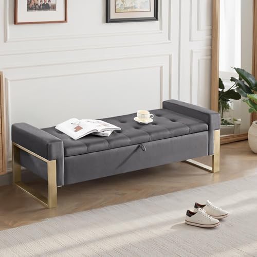 End of Bed Storage Bench, 67'' Benches for Bedroom Foot of Bed King Size, Upholstered Velvet Tufted Storage Ottoman Bench with Gold Legs for Window Living Room Entryway, Grey