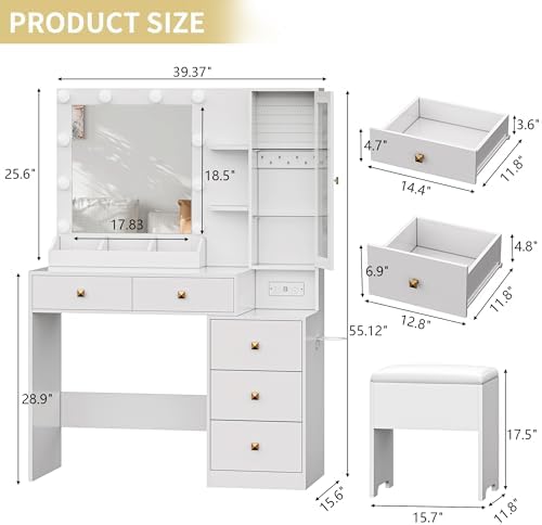 Vanity Desk with Mirror and Lights, Makeup Vanity Table Set with 5 Storage Drawers, Power Outlet & Chair, Small Dressing Table with RGB Ambient Light, Adjustable Brightness for Girls Bedroom, White