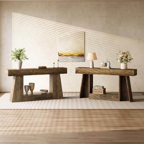 LITTLE TREE 63" Farmhouse Console Table with Storage, Rustic Sofa Table for Entryway, Narrow Long Sofa Table Behind Couch, Console Table for Living Room, Hallway—Versatile Storage Solution, Oak