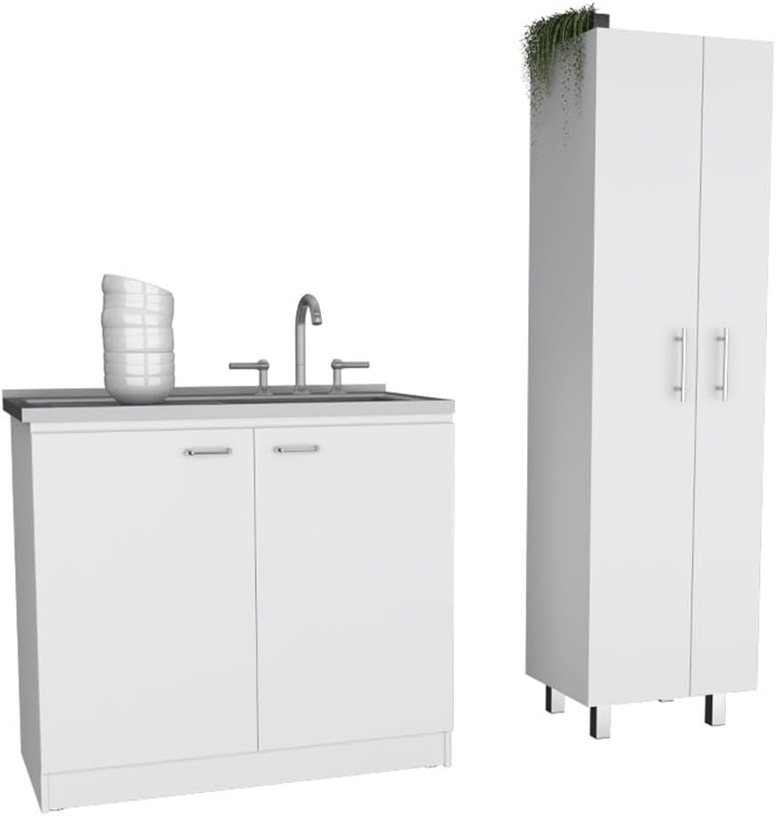 Pemberly Row 2 Piece Kitchen Set, Sink Cabinet and Pantry, White Manufactured Wood, Stainless Steel Countertop, 39.3 in Sink Cabinet with Storage, 71.3 in Pantry with Shelves for Kitchen Organization
