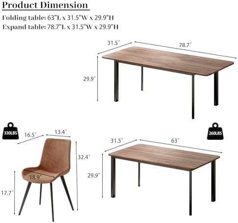 HIPIHOM Extendable Dining Table Set for 8, Walnut Kitchen Table with Chairs | 63"- 78.7" Adjustable Walnut Dinner Table, Metal Base, Dining Room Table with 8 PU Leather Chairs, Seats 6-8 for Apartment