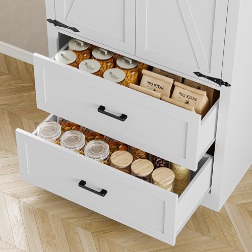 BORNOON Pantry Organizers and Storage Cabinet, 71” Barn Door White Kitchen Cabinet with Drawers and Adjustable Shelf, Tall Pantry for Kitchen, Dining Room, Living Room. Bathroom and Office