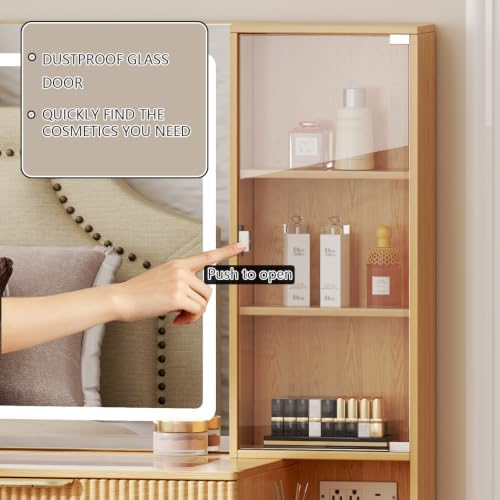 Chrangmay Modern Vanity Desk with 31.5" Mirror and Lights,Makeup Vanity Table with 8 Drawers,Makeup Desk with Power Outlet,Nightstand,Dressing Table for Bedroom,Women and Girls,Oak