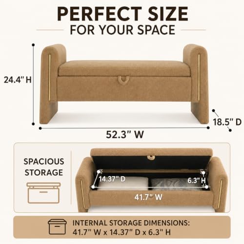 52" Upholstered Storage Bench, Brown, Armrests, Wood Frame | Mid-century storage ottoman bench, soft fabric, high-density foam. Perfect for end of bed, entryway, living room, bedroom.