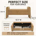52" Upholstered Storage Bench, Brown, Armrests, Wood Frame | Mid-century storage ottoman bench, soft fabric, high-density foam. Perfect for end of bed, entryway, living room, bedroom.