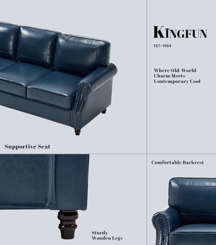 Kingfun Mid-Century Modern Couch, Faux Leather Sofa, 3 Seater Couch for Living Room with Rolled arms & Nailhead Trim, Blue