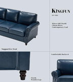 Kingfun Mid-Century Modern Couch, Faux Leather Sofa, 3 Seater Couch for Living Room with Rolled arms & Nailhead Trim, Blue