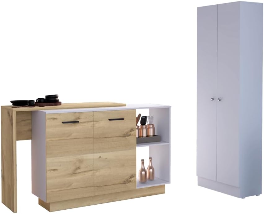 White and Light Oak 4-Door Kitchen Set with Island and Pantry Cabinet | Includes 4-door pantry cabinet with double doors and interior shelves