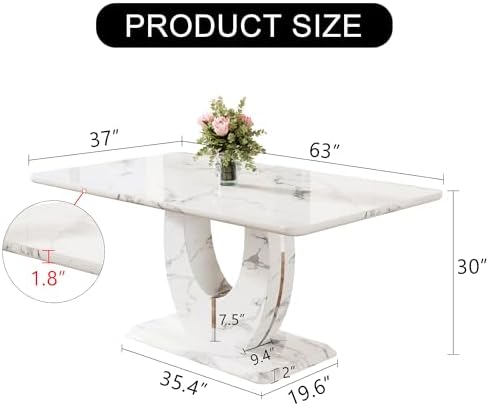 JUFU 63" Faux Marble Dining Table for 4-6 People, Modern Rectangular Kitchen & Dining Room Table, White Marble-Look MDF Tabletop with U-Shaped Pedestal Base, Easy Assembly Dining Table