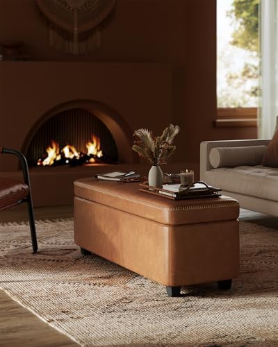 VASAGLE Storage Ottoman Bench with Stitching, PU Leather, Entryway Bedroom | Ottoman Bench, Mid-Century Modern, with Stitching, Bedroom, Living Room, Caramel Brown, EKHO Collection ULOM075K01