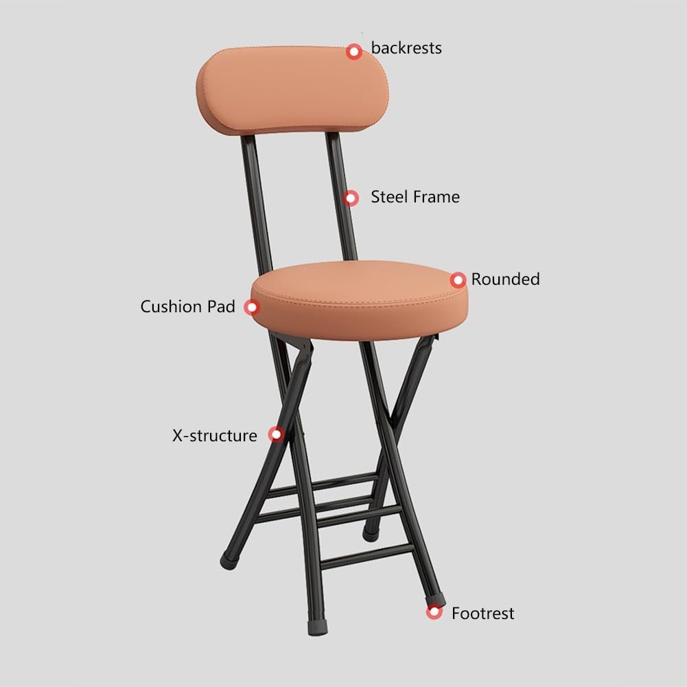 Folding Stool with Backrest, Cushioned Padded Leather Round Portable Foldable Bar Stool Chair for Kitchen(Orange)