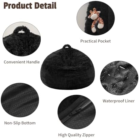 Bean Bag Cover (No Filler), Soft Faux Fur Stuffed Animal Bean Bag Storage, Fluffy Plush Bean Bag Chair Cover Washable, Comfy Bean Bag Covers for Adults Kids Teens, 38"x40" Black