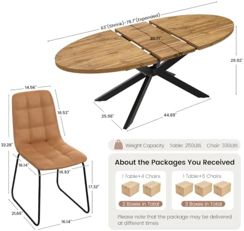 63"-78.7" Extendable Oval Dining Table Set for 6 | 7 Piece Large Round Walnut Table Set, 6 Brown Dining Chairs, Living Room, Kitchen, Space Saving, Mid Century Modern