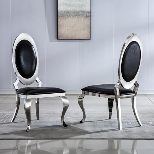 Henf Modern Luxury Dining Chairs Set of 6, Leatherette Upholstered Kitchen Dining Chair with Silver Stainless Steel Frame, High-Back Armless Side Chair for Dining Kitchen Room (Black)