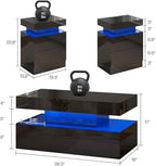 LUXOAK 3-Piece Modern Coffee Table Set with LED Lights | High-Gloss Finish, Coffee Table with Storage, 2 End Tables with Charging Stations, Living Room & Office Use, Black