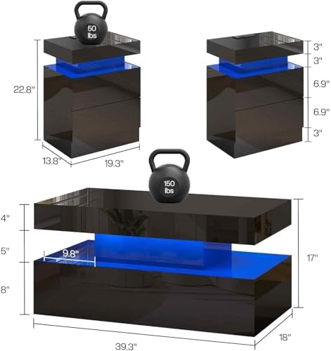 LUXOAK 3-Piece Modern Coffee Table Set with LED Lights | High-Gloss Finish, Coffee Table with Storage, 2 End Tables with Charging Stations, Living Room & Office Use, Black