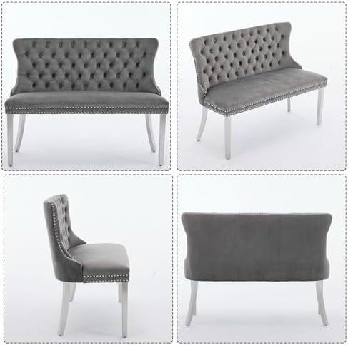 Henf Modern Tufted Velvet Dining Bench with Wing Back, 2-Seat, Nailhead Trim, Sturdy Stainless Steel Legs, Entryway Bench Small Upholstered Loveseat Sofa, 45.6''W x 22.7''D x 35.2''H (Gray&Silver)