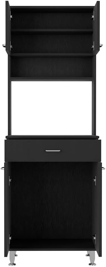 Pantry Cabinet 67" H, Four Doors, One Drawer, Three Internal Shelves, 2 External Storage Shelves, Microwave Storage Option, Four Legs, Black
