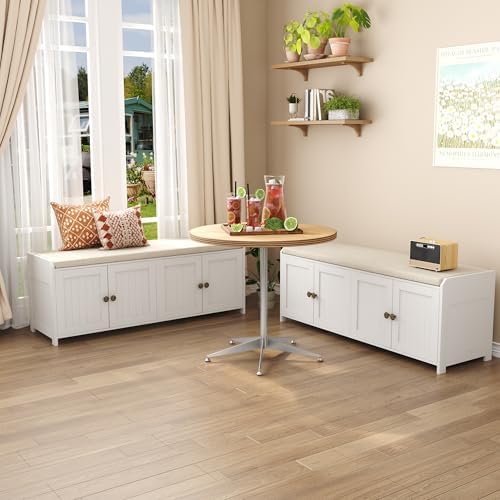 HOMEFORT 48.4" Shoe Storage Bench with Cushion, Entryway Bench with Paddded Seat, 2-Tier Shoe Cabinet Bench with Adjustable Shelves and 4 Doors, Wooden End of Bed Bench, for Bedroom, Hallway, White