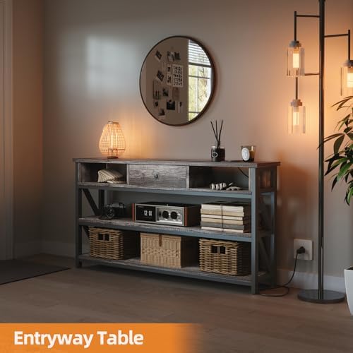Mexin Console Table with Outlets and USB Ports, Entryway Table with Drawer Storage Shelves, Industrial Wood Hallway Sofa Table for Living Room, Couch, Foyer Table, 47 Inch Grey Oak