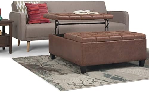 SIMPLIHOME Harrison 36" Wide Vegan Leather Lift Top Ottoman in Saddle Brown | Distressed saddle brown, transitional lift-top ottoman with hidden storage for living room; square footstool or coffee table.