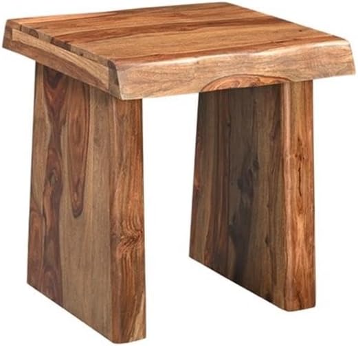 Pemberly Row Solid Wood 3-Piece Table Set, Live Edge Sheesham Hardwood, Brown Finish, Includes Coffee Table, Console Table, and Square End Table, Modern Double Pedestal Base, Rustic Living Room