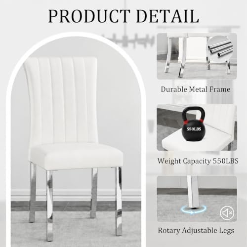 Asday White Leather Dining Chairs Set of 4, White and Silver Dining Room Chairs with Mirrored Chrome Stainless Steel Legs and Rolled Back Design