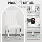 Asday White Leather Dining Chairs Set of 4, White and Silver Dining Room Chairs with Mirrored Chrome Stainless Steel Legs and Rolled Back Design
