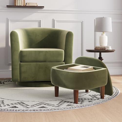 360° Swivel Accent Chair with Storage Ottoman | Small Modern Velvet Barrel Chair, Upholstered Armchair with Footrest for Living Room/Reading/Bedroom, Green