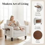 Accent Chairs Set of 2 for Living Room, Mid-Century Upholstered Armchair with Foldable Table & 2 Side Pockets, Modern Linen Wooden Sofa Chair for Bedroom & Reading Room, Beige