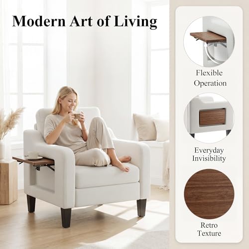 Accent Chairs Set of 2 for Living Room, Mid-Century Upholstered Armchair with Foldable Table & 2 Side Pockets, Modern Linen Wooden Sofa Chair for Bedroom & Reading Room, Beige