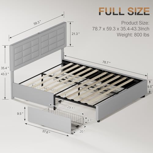 VECELO Full Size Bed Frame with 4 Drawers, Adjustable Tufted Button Headboard, Upholstered Platform with Wood Slats Support, Built-in USB and Type C Ports, Light Gray