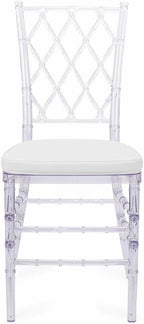 FOHFurniture Set of 3 Clear Acrylic Chiavari Chairs with Cushions, Fully Assembled Transparent Crystal Dining Chair, Accent Event Ghost Chairs for Wedding Event Reception (Clear(Grid))